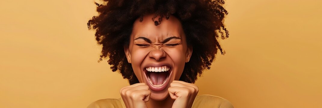 Photo of ecstatic lady shout loud yeah fist up raise win lottery isolated on color background 