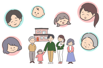 三世代家族の全身&顔イラストセット