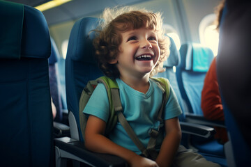 Happy toddler in airplane seat, travel with children concept, how to fly with kids