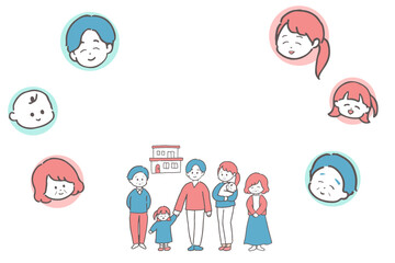 三世代家族の全身&顔フレーム　ブルーとピンク配色