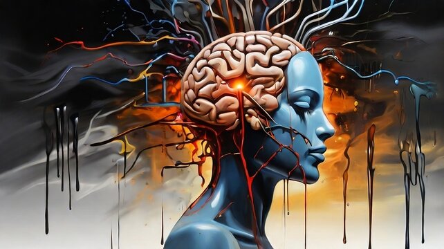 Ai face with the human brain exploding with anxiety and depressions