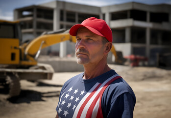 Portrait of a construction worker wearing red cap and american flag t-shirt. Hard worker republican party supporter - obrazy, fototapety, plakaty