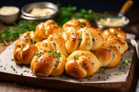 Garlic knots with parsley and parmesan freshly baked on a wooden board