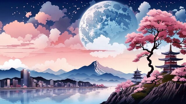 Fantastic Japanese landscape, bright colors, unusual views, painting