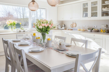 White kitchen decorated for Easter with spring flowers and colored Easter eggs