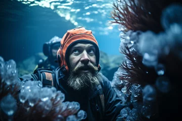 Zelfklevend Fotobehang smiling woman man with marine life and distinct characteristics of polar regions are represented by underwater habitat and ecosystems surrounding glaciers © Chiaa