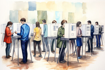 People voting on a voting site, election concept, colorful illustration for election time in USA - obrazy, fototapety, plakaty