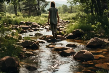 Schilderijen op glas smiling woman man with mesmerizing allure of a meandering brook, gracefully navigating its way through a rugged terrain, its pristine waters mirroring enchanting world that surrounds it © Chiaa