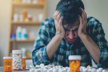 Young man with headache with a bunch of pills in front of him, pills or drugs problem, overmedicating concept