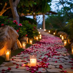 Obraz na płótnie Canvas Warm Evening Ambience with Rose Petals Pathway 