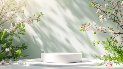 Spring-themed podium with floral arrangement and soft light for product display. AI Generative