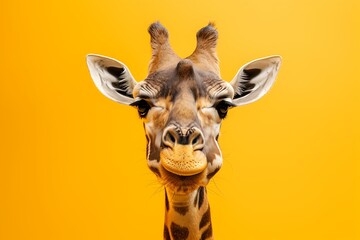 funny african giraffe animal isolated on yellow background