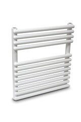White electric towel rail. Transparent background with soft shadow. Advertising concept. Photoproduct.