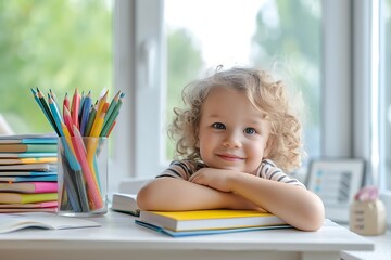 portrait of a happy school child with a stack of books and colored pencils in a glass sitting at a table opposite the window in a bright room