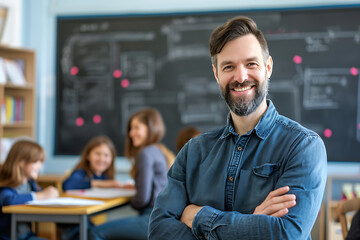 portrait of a smiling confident male teacher against the background of a classroom