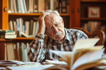 Senior worried man with a pile of bills or tax papers looking confused or overwhelmed, being in debt or behind on taxes or bills