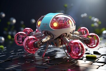 3D rendering of a cute robot drone in the future. Drone with surveillance camera. Drone droid
