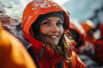 Foto op Plexiglas smiling woman man with multifaceted connection between people and ice is represented by cultural traditions, recreation, and scientific research associated with Swiss glaciers © Chiaa