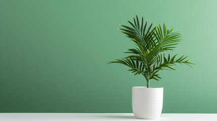 little palm tree in white pot with copy space on green background. house decoration concept