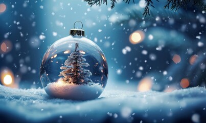 Obraz na płótnie Canvas winter snow globe for christmas with a christmas tree inside, snowing, snowflakes, blue background, winter holidays, Generative AI