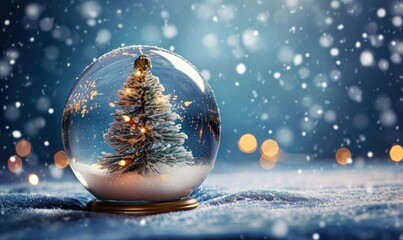 Fototapeta na wymiar winter snow globe for christmas with a christmas tree inside, snowing, snowflakes, blue background, winter holidays, Generative AI