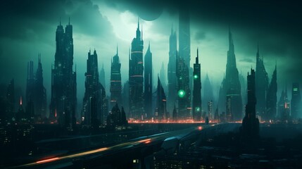 Fototapeta na wymiar City skyline in cyberpunk style with towering buildings.