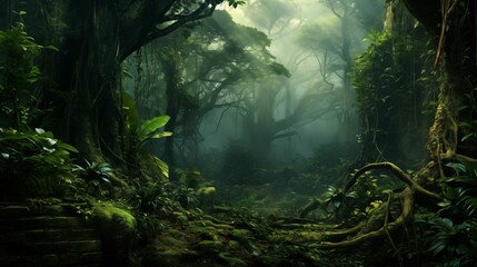 An exotic fog forest, fog covering towering trees.