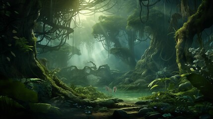 An exotic fog forest, fog covering towering trees.