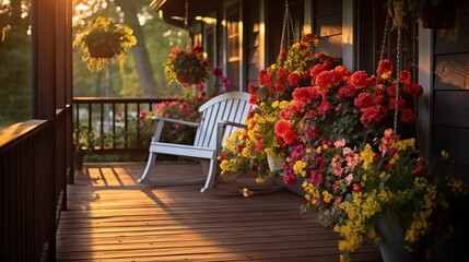 An image of a wooden porch decorated with bright flowers.