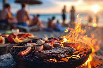 Barbecue party with people in the background, beach party, sand, sea, grilled steak and sausage, grilled meat, fire, summer party, barbecue at the beach, people having fun with friends, Generative AI - obrazy, fototapety, plakaty
