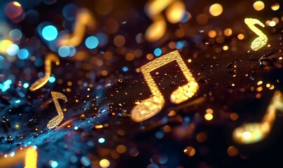 music note on a black background, blurry lights, gold musical note, bokeh, abstract background, concert, music party, singing event, music event, Generative AI