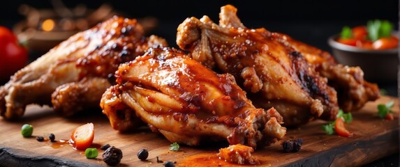 fresh chicken boned wings in buffalo barbeque, or spicy sauce with flying ingredients and spices hot ready to serve and eat food

