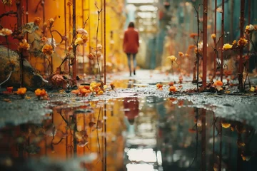 Tuinposter smiling woman man with Puddles transform into enchanting gateways to a mirrored realm, where ordinary scenes are turned into captivating and abstract compositions © Chiaa