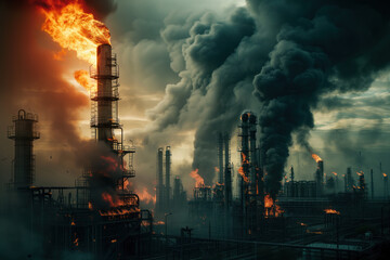 War attacks firemen of industrial pipelines at oil refinery plant Generative AI - obrazy, fototapety, plakaty