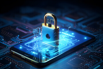 Cyber security illustration of smart phone, padlock futuristic microchip processor, protecting business and financial data. - obrazy, fototapety, plakaty