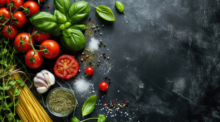 spaghetti, tomatoes, and basil on a black background