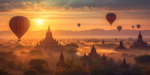 Bagan panorama with temples and hot air-ballons during sunrise - obrazy, fototapety, plakaty
