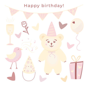 Birthday doodle set of cute color stickers, vector holiday items