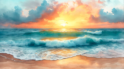 Sea Square Frame Watercolor Artwork Capturing Coastal Beauty, Generative Ai