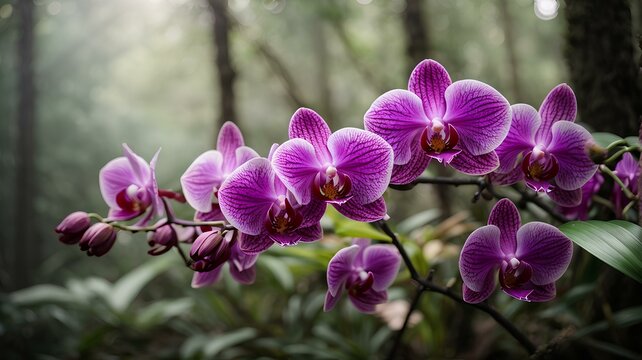 Close-up high-resolution image of gorgeous purplish orchids in a tropical forest.