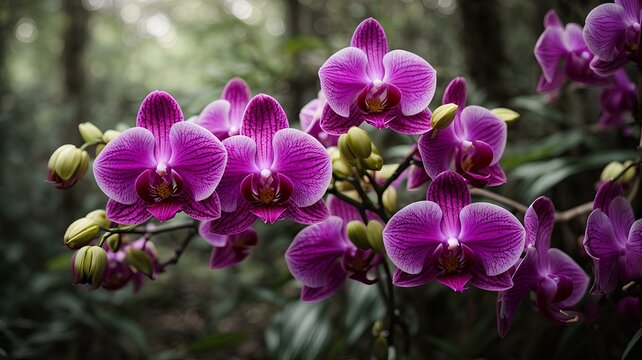 Close-up high-resolution image of exquisite purple orchids in a tropical forest.