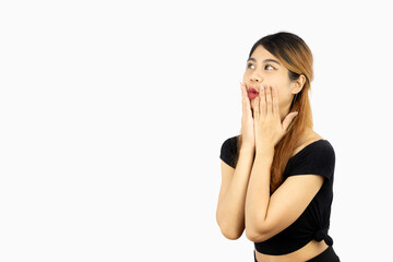 Fototapeta premium Young asian woman long hair style posing surprised face isolated on white background.