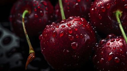Succulent Temptations: Close-Up of Raindrop Adorned Cherries. A Sensory Feast of Texture and Taste