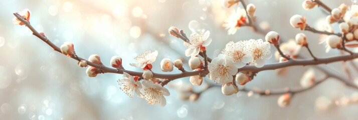 Branch with white flowers in sunlight