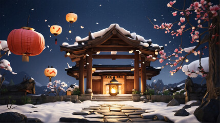 Japanese temple in winter There are lights at night. AI generative