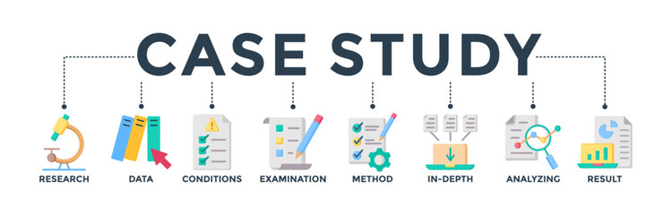 Case study banner web icon concept with the icon of research, data, conditions, examination, method, in-depth, analyzing, and result. Vector illustration 