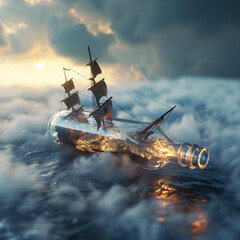 Naklejka premium Transparent glass bottle lay down with pirate ship inside.