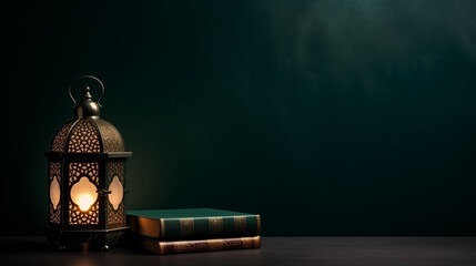 Islamic lantern with books, isolated in dark background. - Powered by Adobe