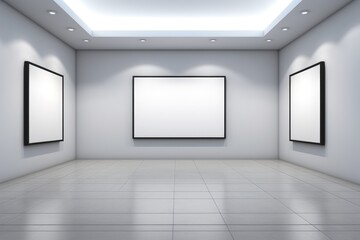 Modern art gallery interior, clean white space with empty picture frames, AI generative