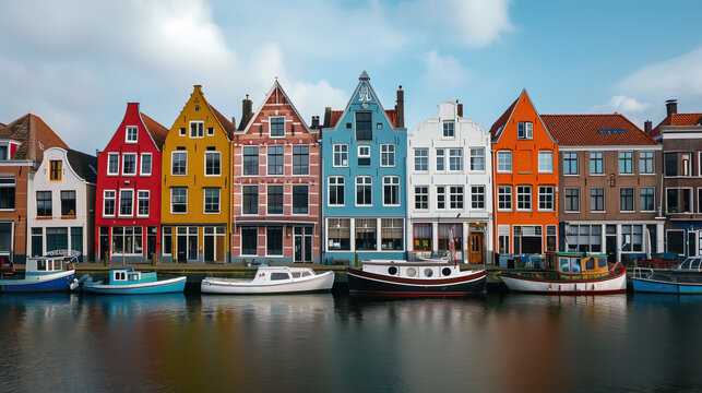 Charming European Cityscape with Quaint Canal Houses by the River, Amsterdam and Nyhavn Inspired Architecture in Bruges and Copenhagen, Boats and Old Buildings Adorn the Picturesque Town